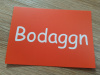 Eine orangefarbene Postkarte mit dem Schriftzug „Bodaggn“