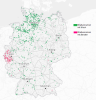 rosa = Straßennamen mit dem Bestandteil „Benden“, grün = Straßennamen mit dem Bestandteil „Wisch“ | © http://interactive.zeit.de/strassennamen/